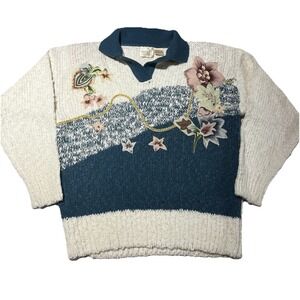 VTG Needles & Yarn Sweater M Cream/Blue Popcorn Knit Cottagecore Grannycore